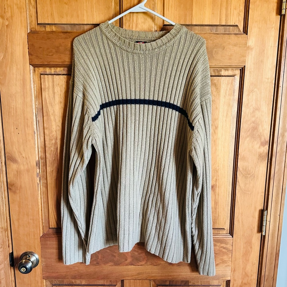 Ferruche Men's Ribbed vintage Crewneck Sweater in Tan with Navy Stripe size XL